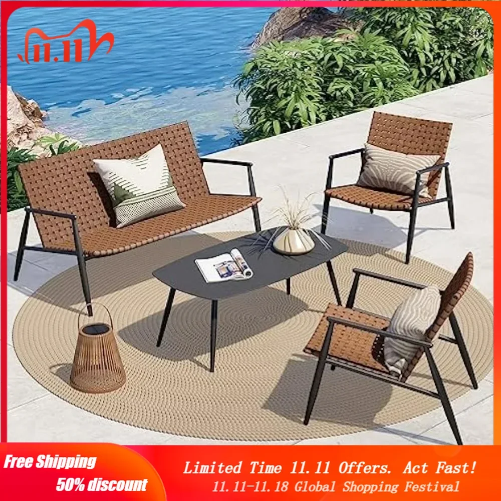 Weather Resistant Patio Conversation Set, Vintage Brown Wicker Chairs Loveseat