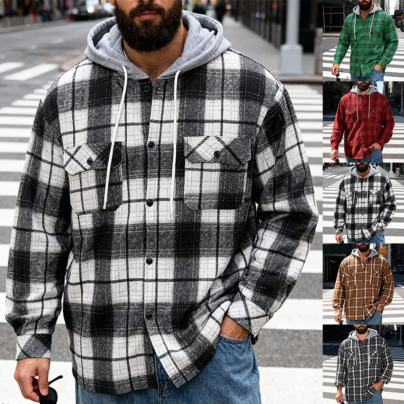 

2025 New Men Black White Plaid Hooded Long Sleeve Shirt Loose Trendy Fashionable Versatile Multi Pocket Jacket