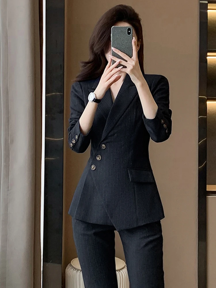 Women's Striped Suit Jacket Slim Fit Career Interview Workwear Waist-Cinching Professional Outfit Set Spring New Arrival