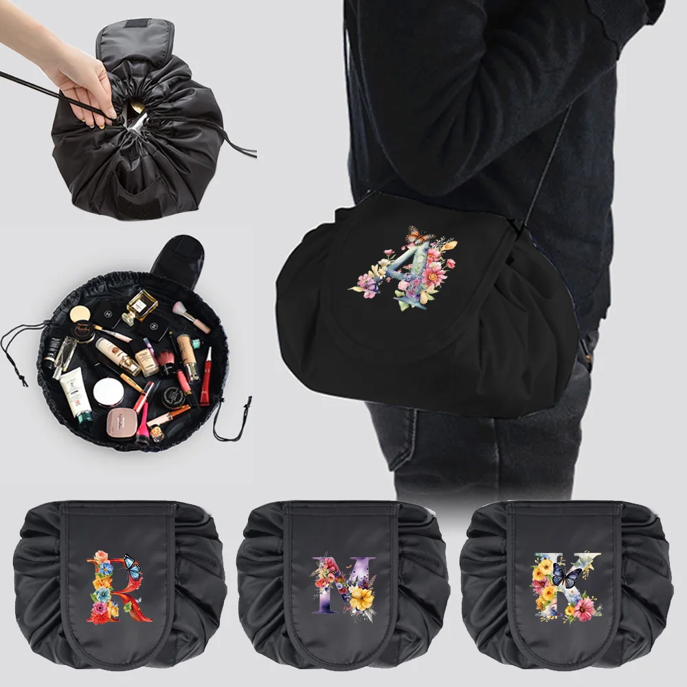 

Women Drawstring Cosmetic Bag 1pc Black Drawstring Closure Makeup Storage Bag Lazy Makeup Pouch Butterfly Letter Series