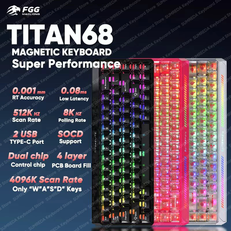 

Titan68 Turbo Madlions Проводная игровая механическая клавиатура с магнитным переключателем RT0,001 мм 8K 0,08 мс с задержкой RGB Игровая клавиатура для ПК геймера