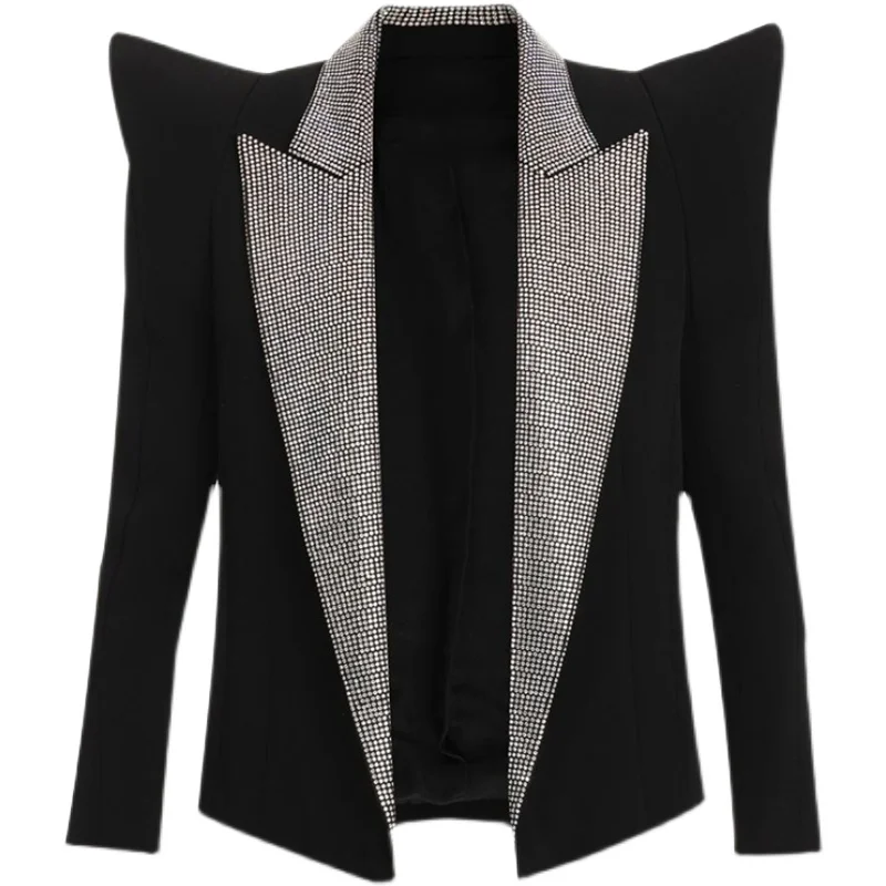 Chaqueta de traje negra para mujer, chaqueta de pasarela brillante, traje de fiesta de escenario de diamante caliente, cuello alto, chaqueta de