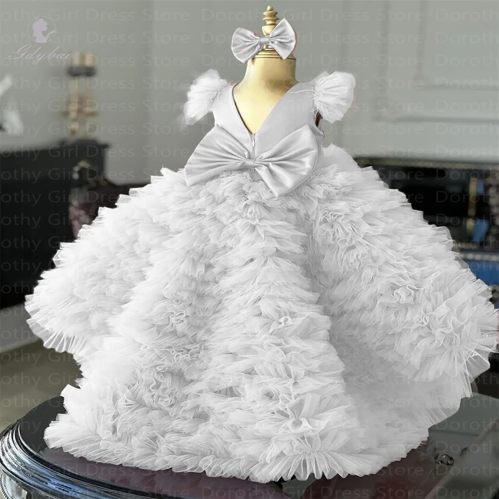 

White Customized Ruffles Flower Girl Dresses Gossamer Kids Birthday Party Pageant Formal Event Attire For Banquets