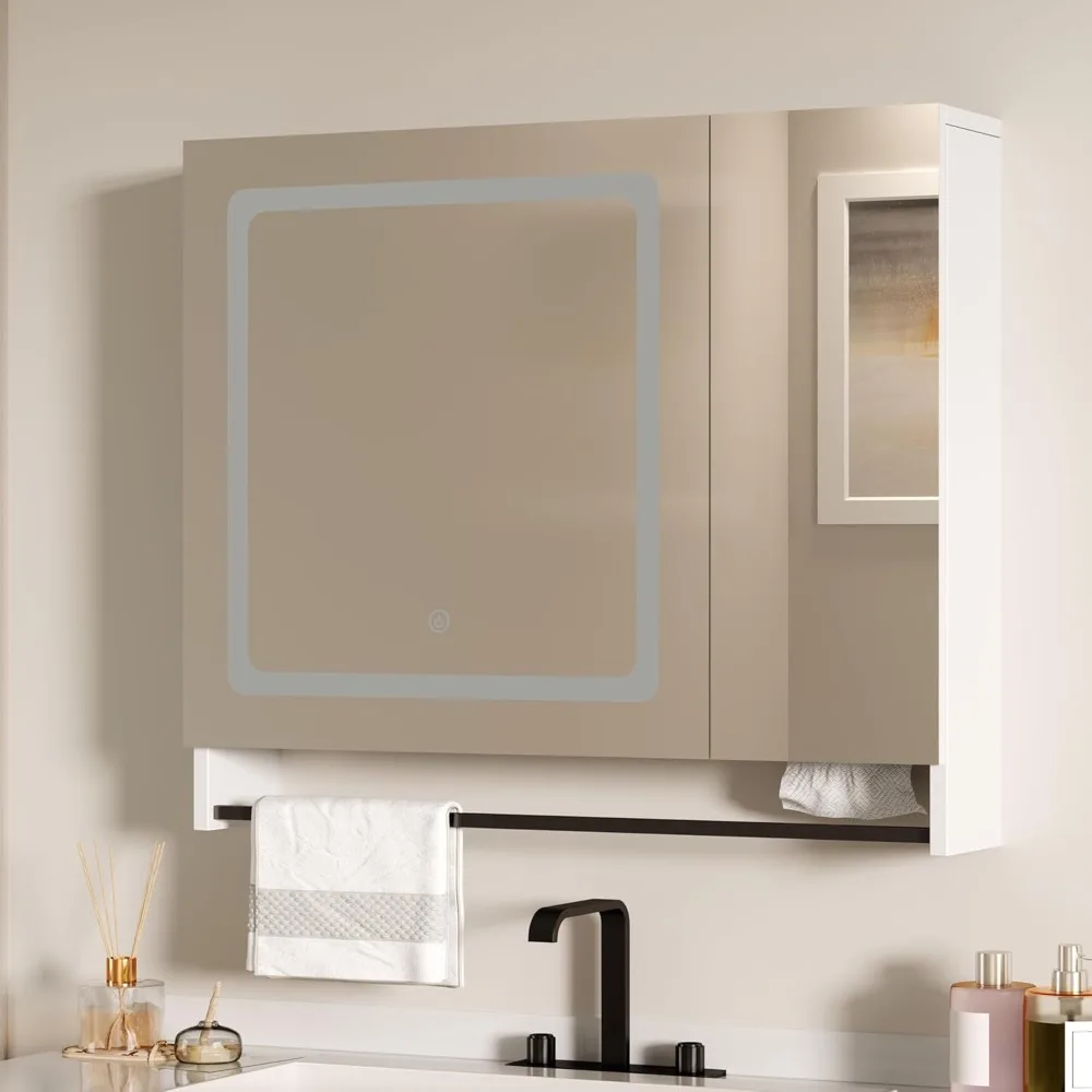 

Lighted Bathroom Medicine Cabinet with Mirror, Wall-Mounted Bathroom Wall Cabinet with Mirror Doors, LED Lights, Adjustable She