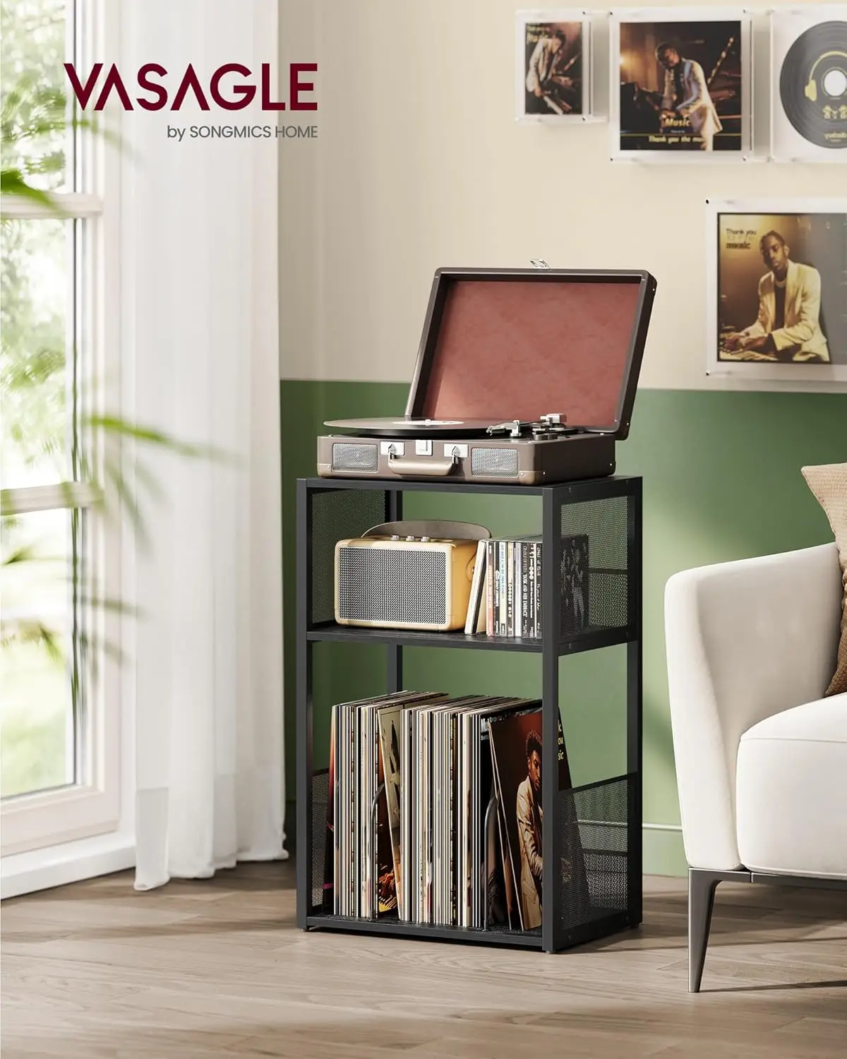 VASAGLE Record Player Stand, 3-Tier Side Table, Vinyl Record Storage up to 100 Albums, End Table for Living Room, Bedroom