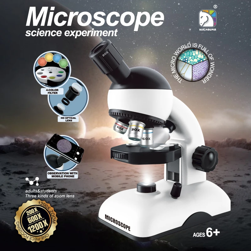 Microscope optique pour enfants 1200x, trois objectifs 200/600/1200x, source de lumière LED bidirectionnelle vers le haut et vers le bas, filtre à quatre couleurs