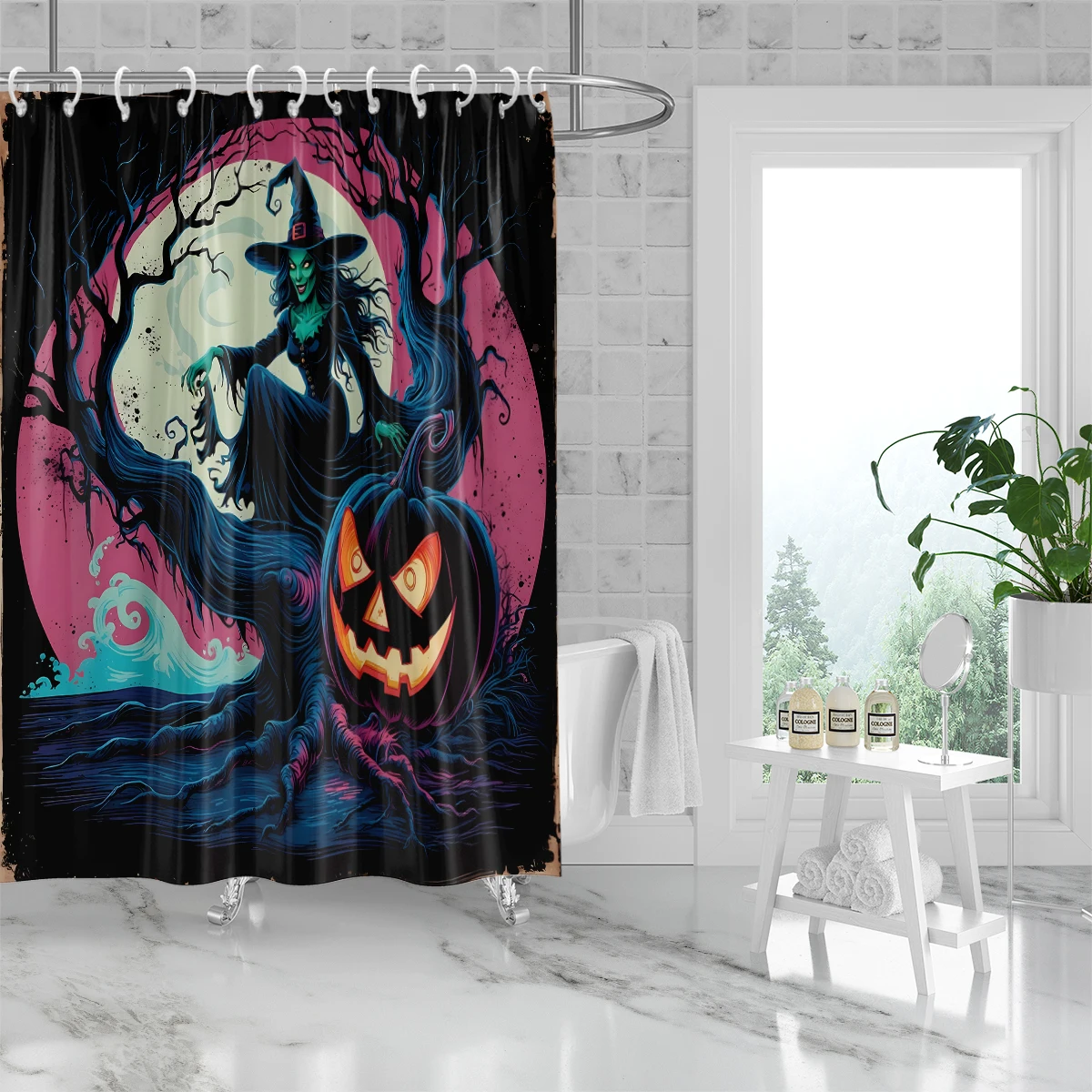 1PC Halloween themed elements Series Pattern Shower Curtain,Washable Waterproof Shower Curtain,12 hooks,Family Bathroom Decor