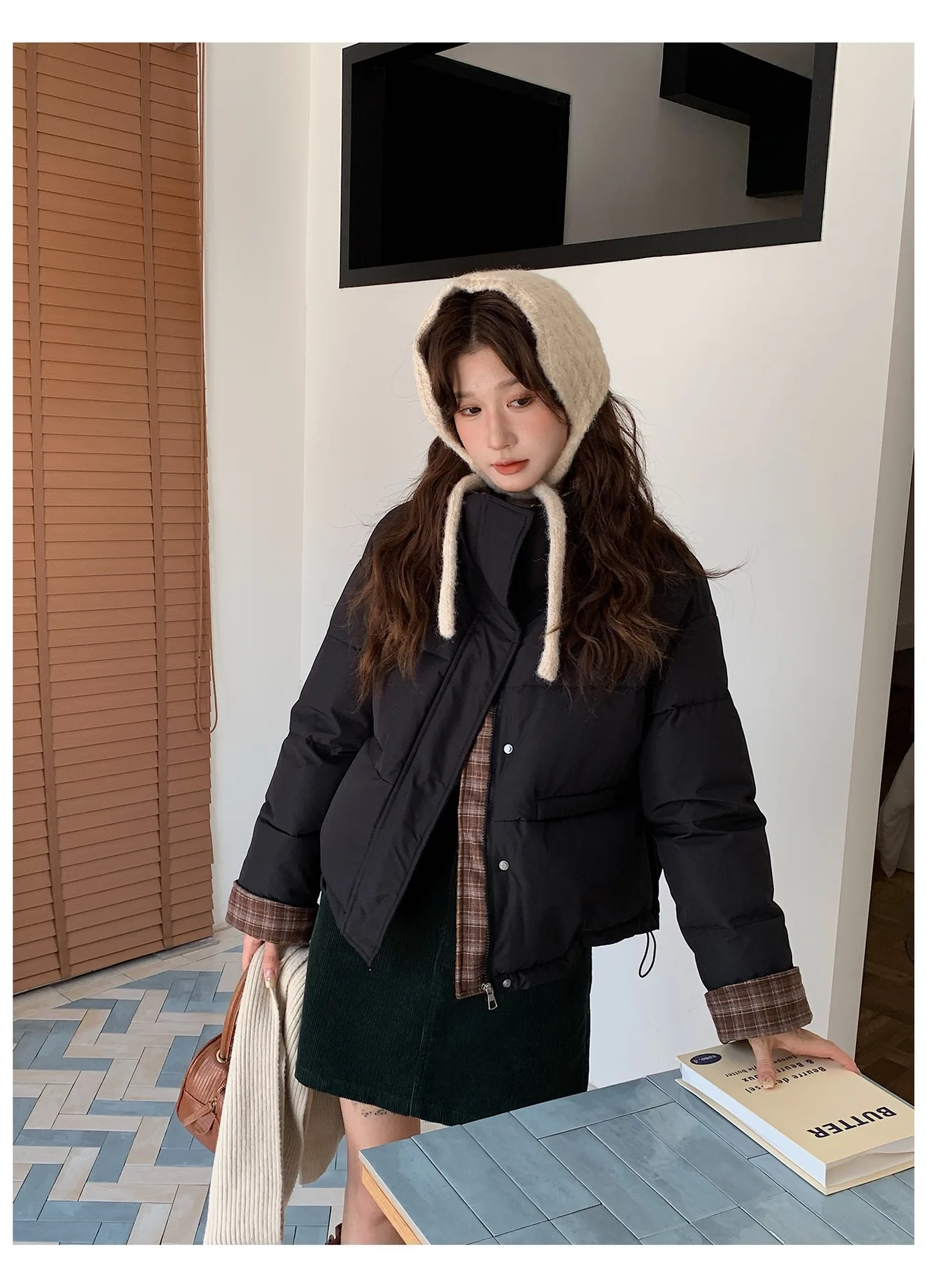 American Plaid Patchwork Puffer Jacket Women Winter Thick Stand Collar Short Parkas Woman Korean Casual Preppy Style Outerwear