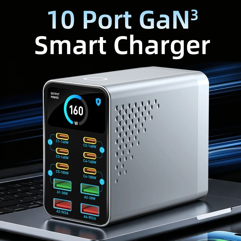 160W GaN Charger 10-IN-1 140W PD3.1 PPS USB Type C Digital Display Fast Charging Station for MacBook Pro iPhone 17 16 15 Samsung