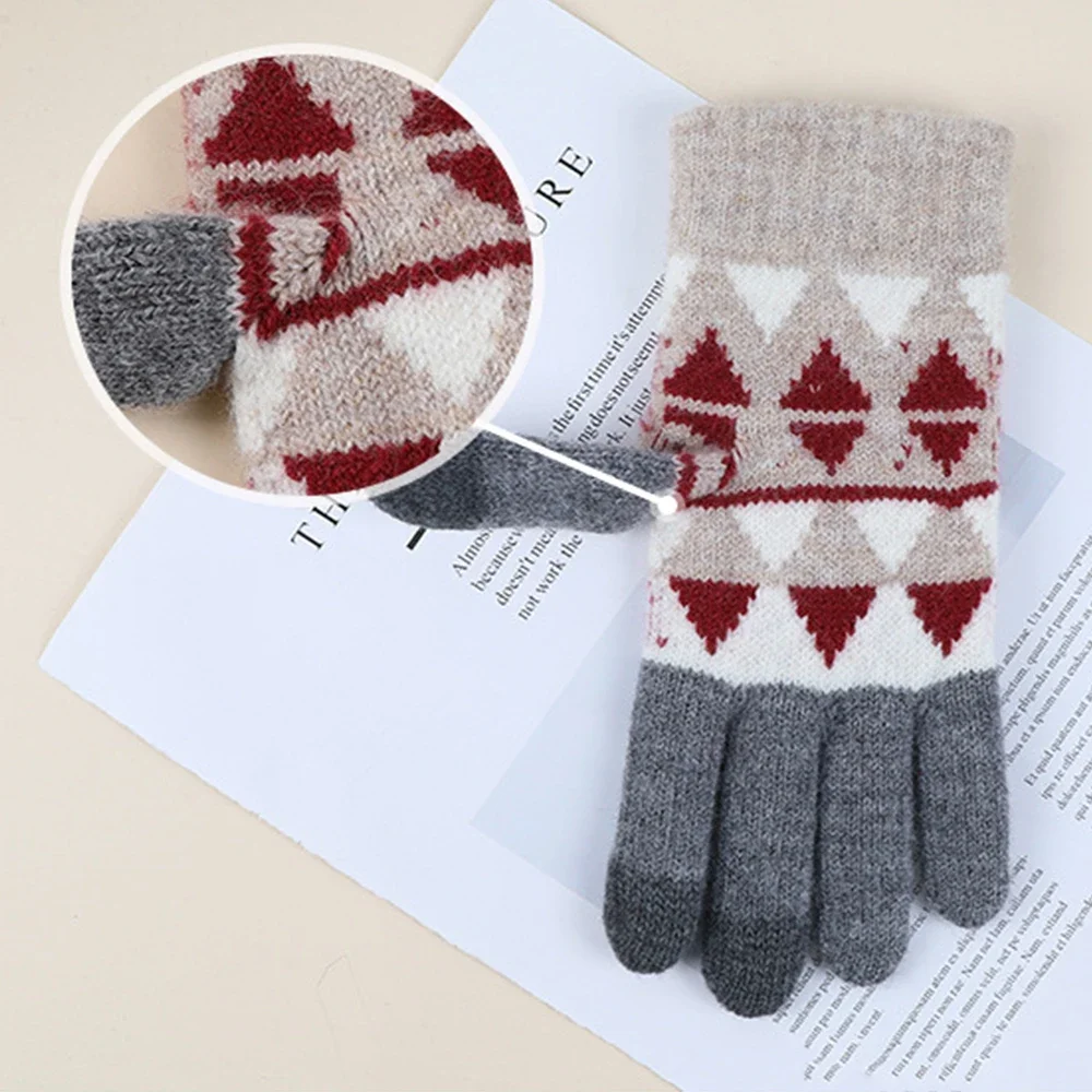 Knit Gloves Women\'s Double-layer Fleece Thickened Touch Screen Finger Warm Outdoor Cycling Guantes Luvas Gants Christmas Guantes