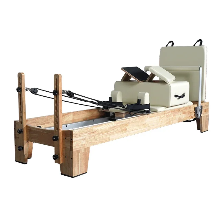 

y Pilates Reformer Machine for Workouts Oak Frame Pu Leather High Density Sponge Springs Core Bed