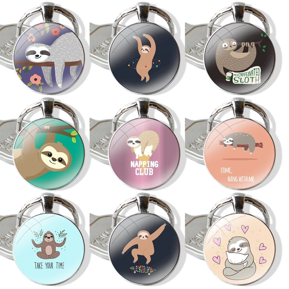 Keychain Handmade Glass Cabochon Key Ring Holder Pendant Key Chains Caffeinated Sloth animal