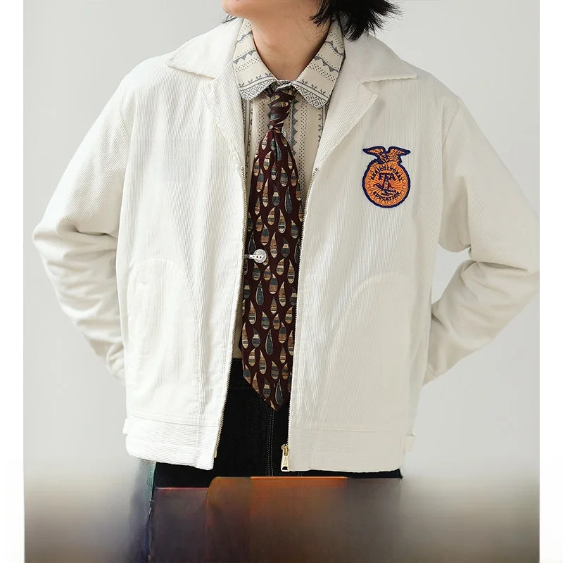 

White Corduroy Embroidered Jaet American Retro Sle Narrow Width Farm Cooperatives Jaet Stand Fit Youth Faion Cotto...