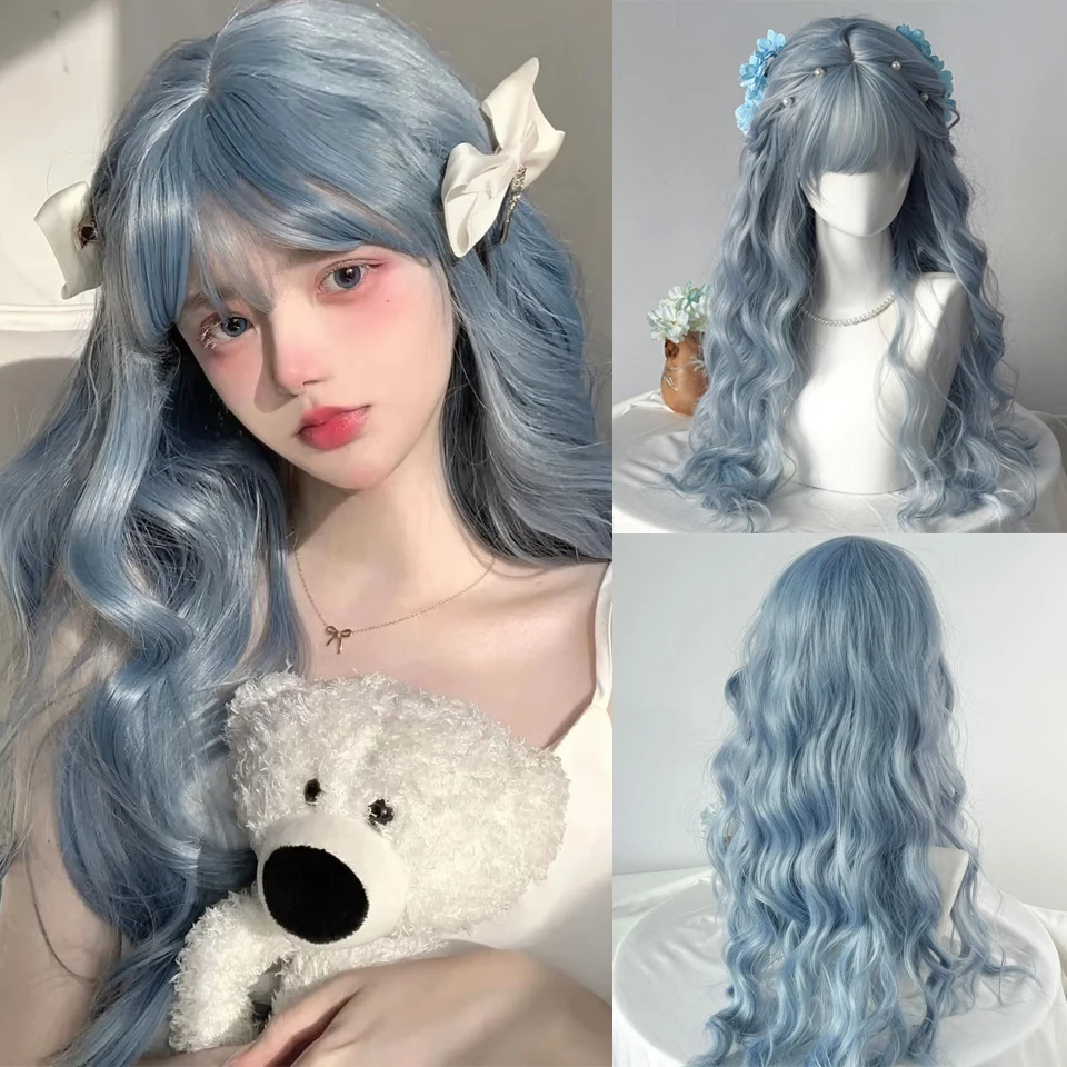 

24Inch Grey Blue Color Synthetic Wigs With Bangs Long Natural Wavy Hair Wig For Women Cosplay Drag Queen Party Heat Resistant