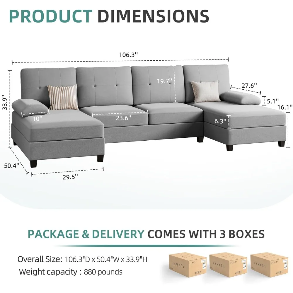 Sectional Sofa Couches for Living Room Clearance Set, U Shaped Couch 4 Seat Sofa Set with Double Chaise