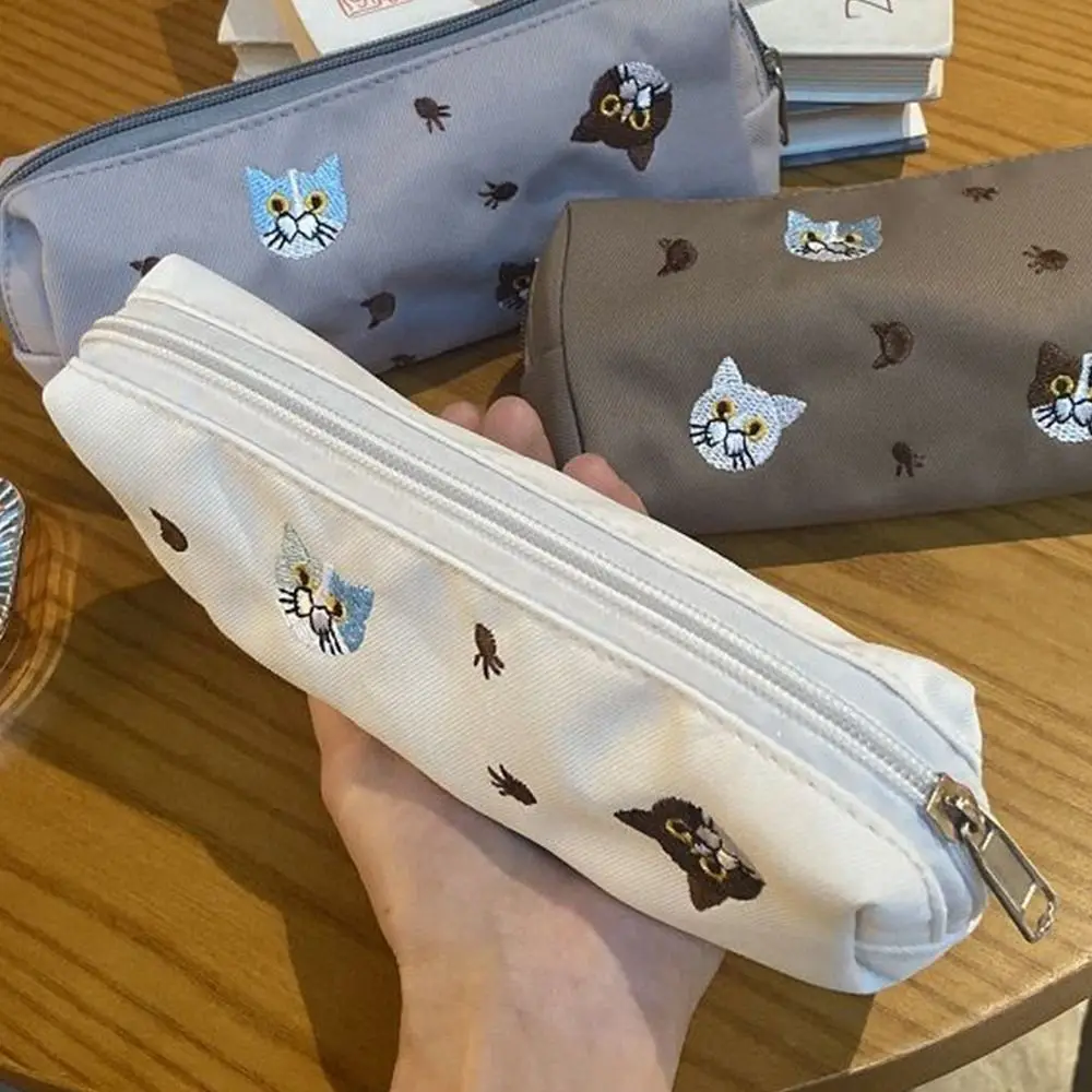 Cute Cat Embroidery Pencil Case Portable Large Capacity Stationery Bag For School Students Makeup Storage Bag