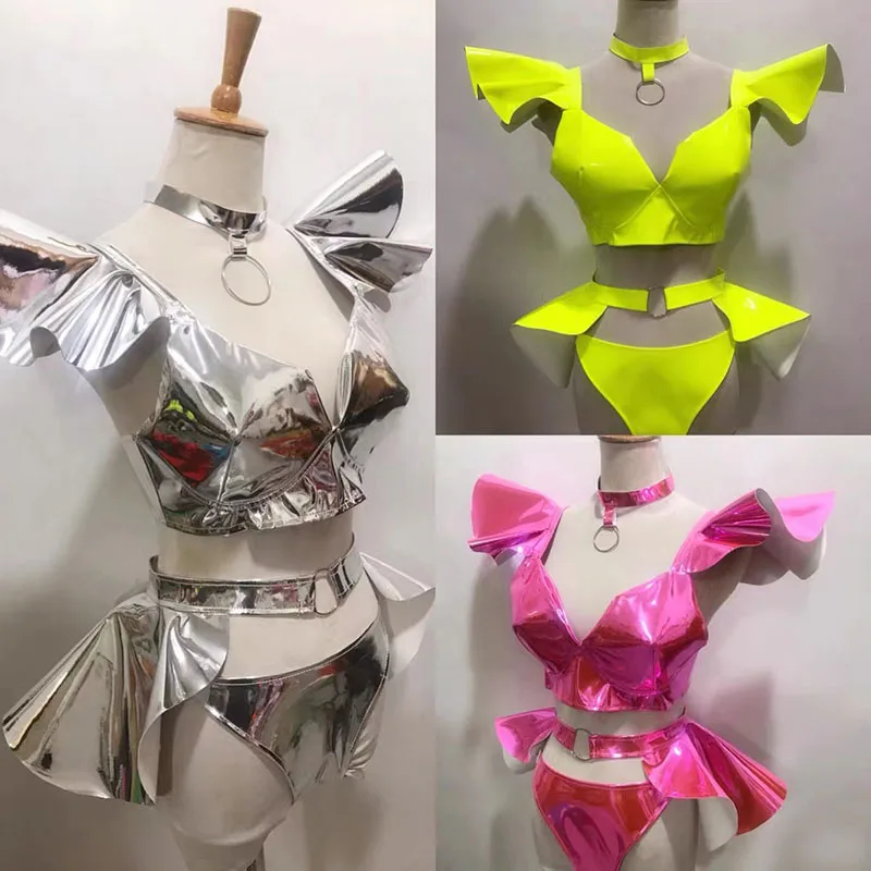 Mini jupe de bikini en cuir verni argenté, tenue de danse rave, costume de performance sur scène sexy, jaune fluo, festival, fête, spectacle