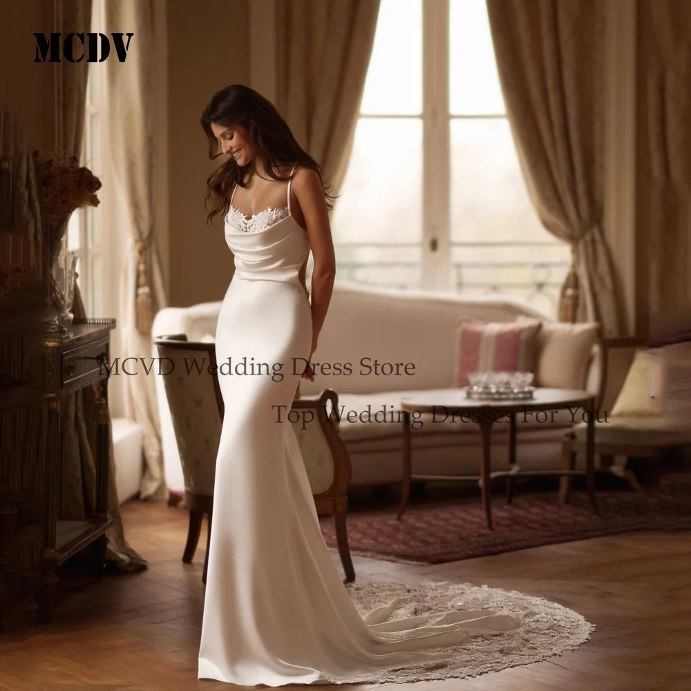 

MCDV Satin Backless Sexy Wedding Gowns Spaghetti Straps Applique Strapless Mermaid Sweep Train Luxury Bride Gowns Customized