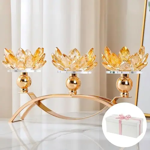 

Crystal Lotus Candle Holder Gold Arch Tealight Centerpiece Decor for Home Wedding Dining Room Living Space