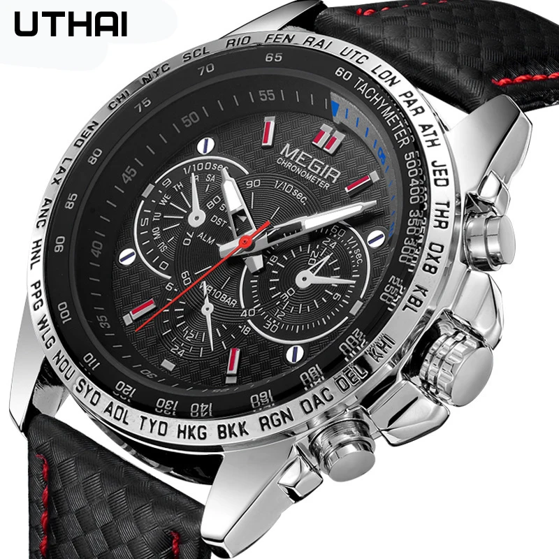 UTHAI BK113 Fashion sports Man watch fake three eye design waterproof belt quartz watch luxury clock gift watches for man