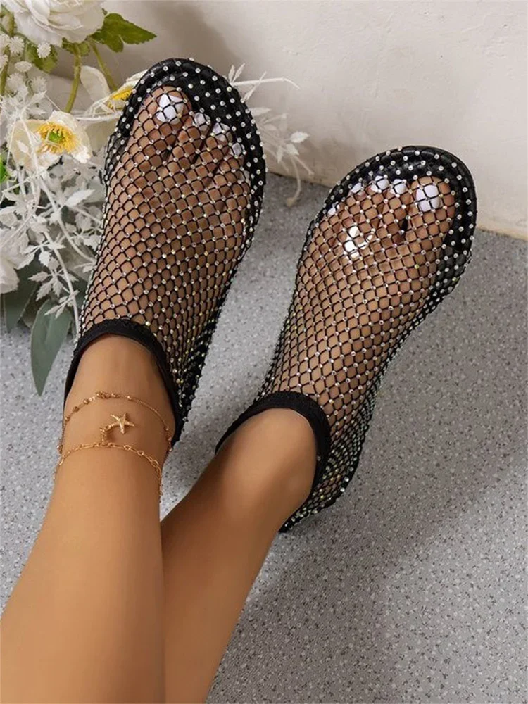 

Round Toe Sandals With Hollowed Out Internet Famous Diamond Studded Short Boots Summer Sexy Plus Size Flat Shoes