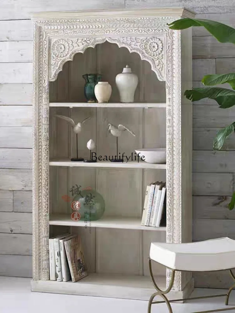 

1**French Retro Solid Wood Bookcase European-Style Carved Bookcase Shelf Living Room Distressed Display Cabinet