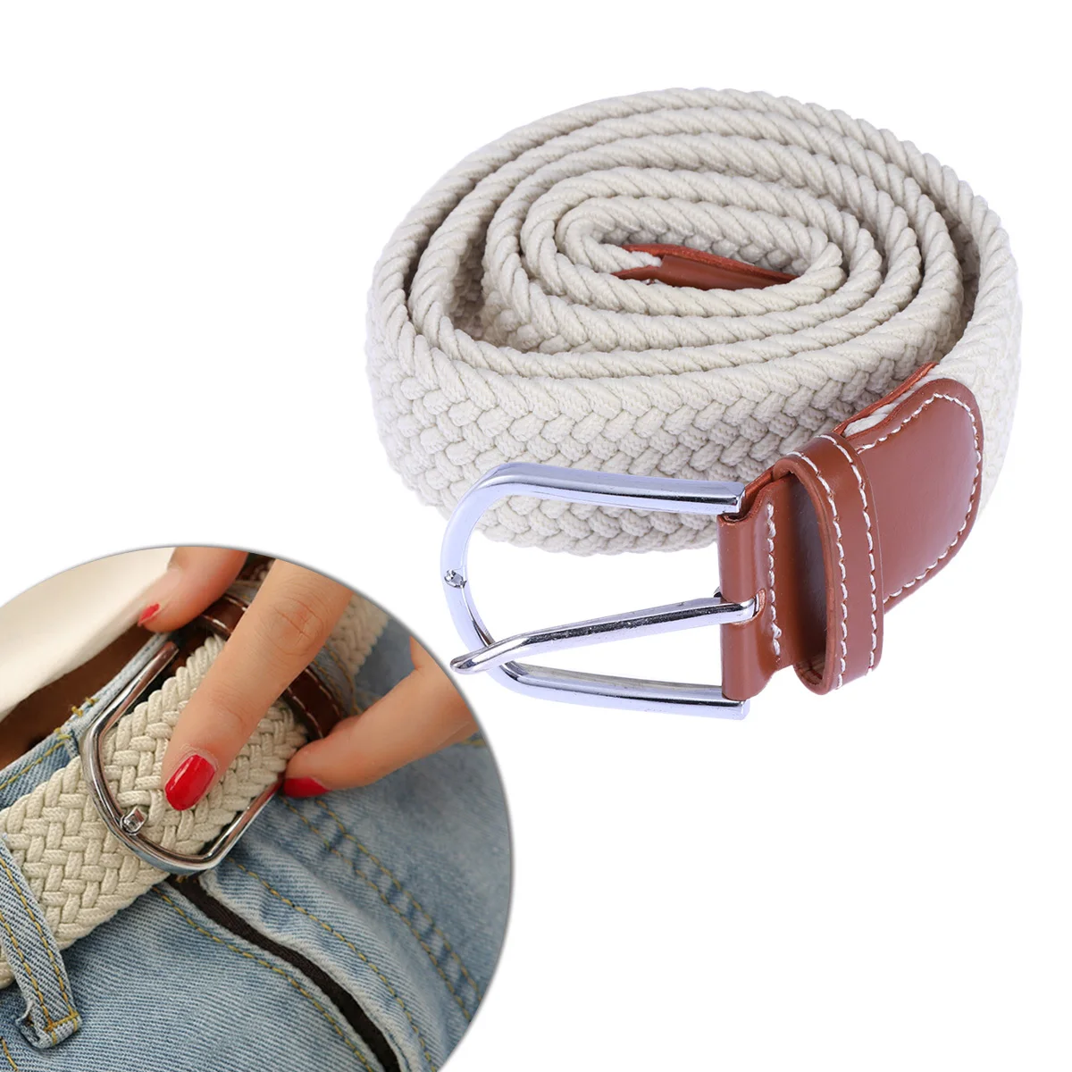 

Elastic Braided For Men Women No Hole Adjustable Stretch Woven Waist Strap Pu Tip Beige Braid Belt Elastic Braided Belt