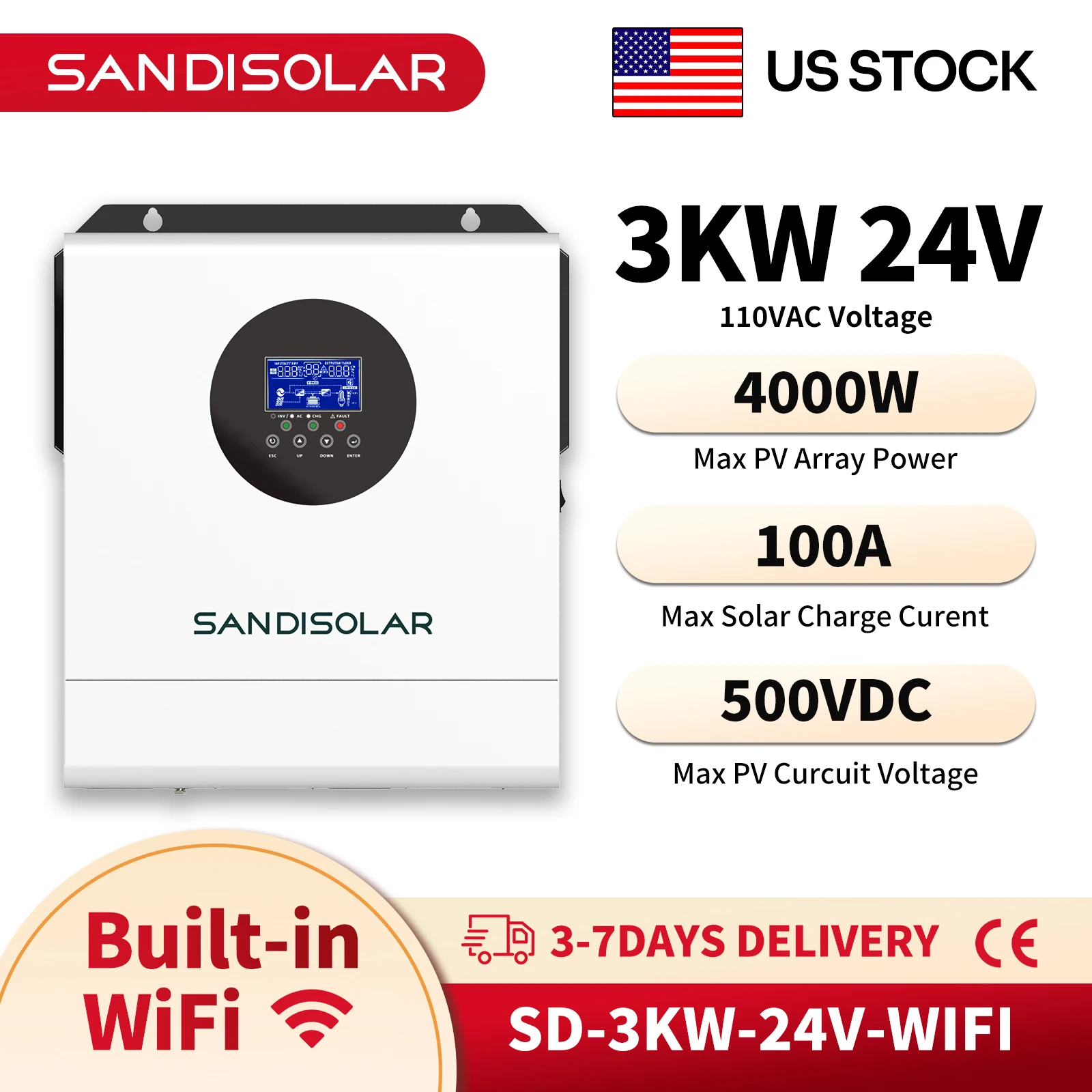 

SANDISOLAR 3KW 4000W Hybrid Solar Inverter 24V 110V 100A MPPT Pure Sine Wave Off Grid 50Hz/60Hz for Home Use US Warehouse