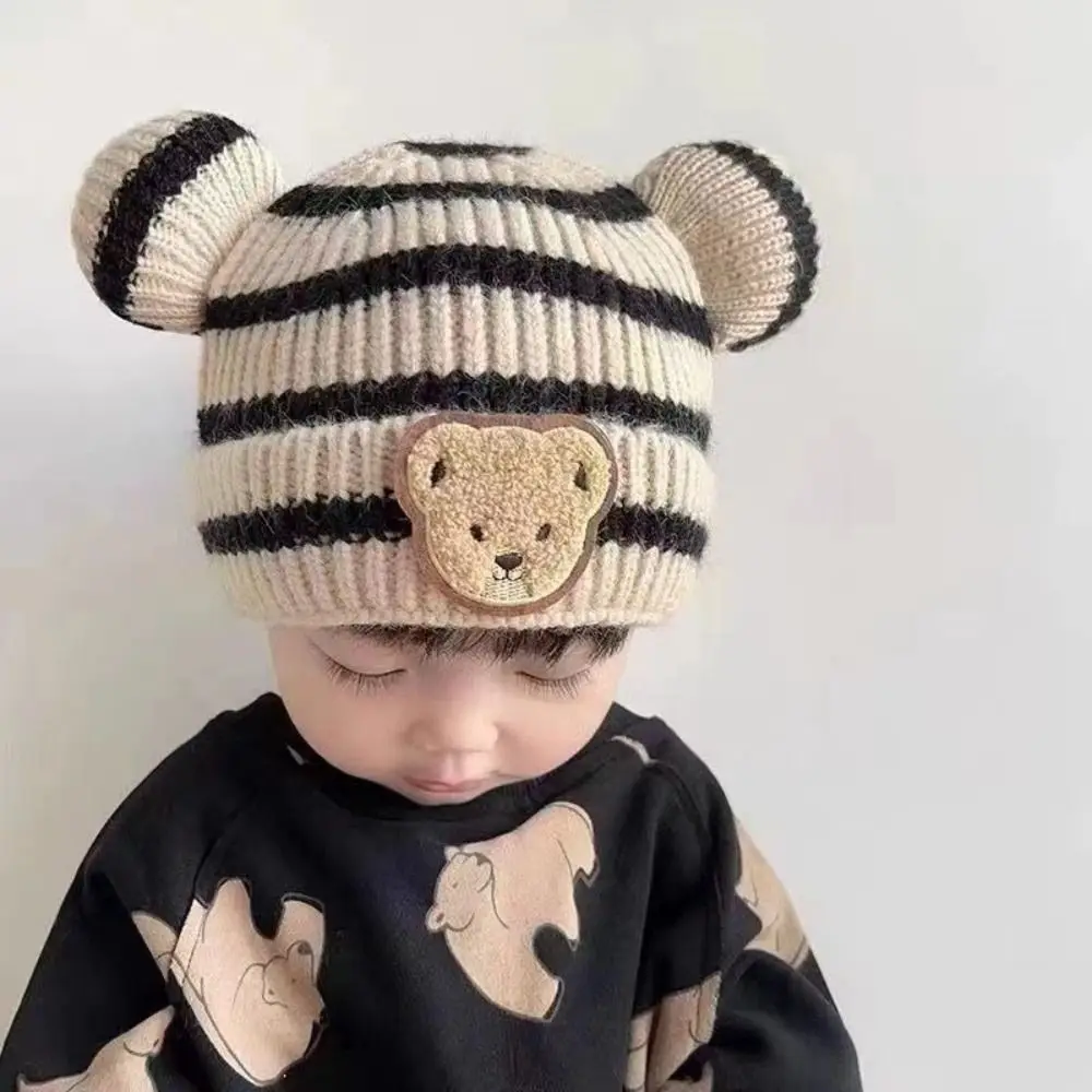 Korean Style Cartoon Bear Knitted Hat Solid Color Wool Baby Beanie Cap Thermal Hat Skullies Kids Crochet Hats Newborn