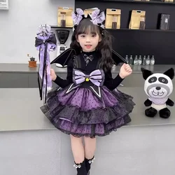 Halloween Sanrio Hello Kitty Kuromi Children's Dress CosPlay Academy Style Pleated Skirt Girl Princess Clothes Festival Gift