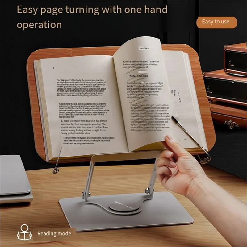 Classic-1 PCS Book Stand For Reading-Adjustable Book Holder Silver & Wood Color Aluminum Alloy + Bamboo Wood For Book,Recipe,Lap