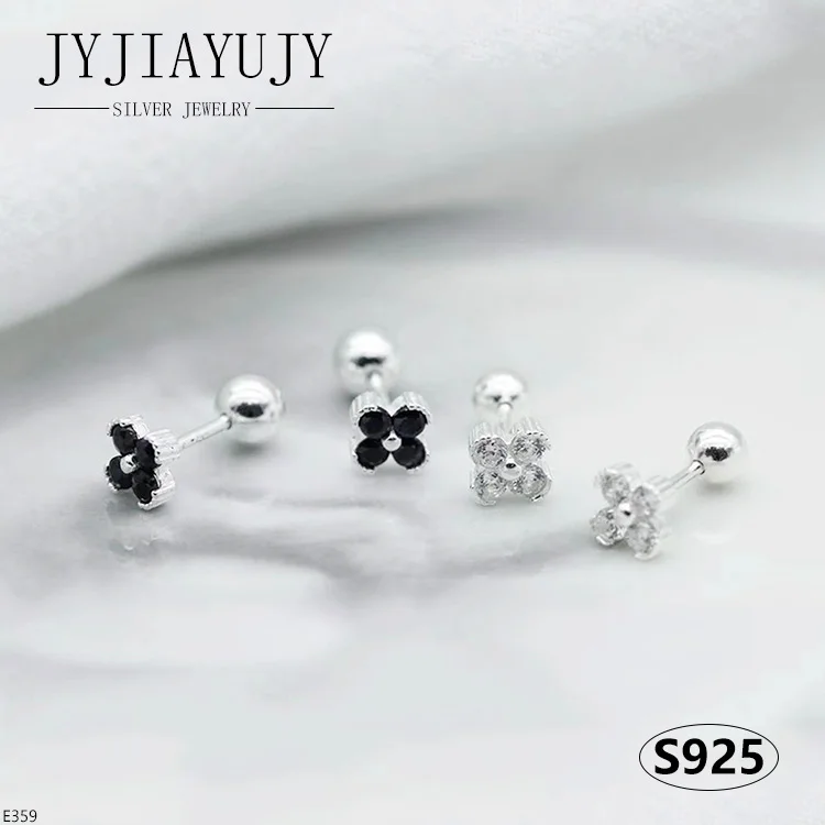 

JYJIAYUJY 100% Sterling Silver S925 Screw Back Earrings Clover Shape White Black Zircon Fashion Hypoallergenic Jewelry Gift E359