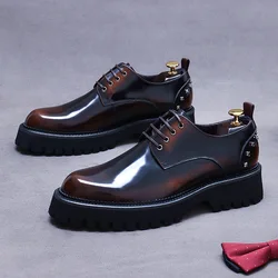 Men's New Business Dress Shoes Thick Sole Round Toe Leather Lace-up Men's Shoes Wedding Shoes Cowhide Shoes
