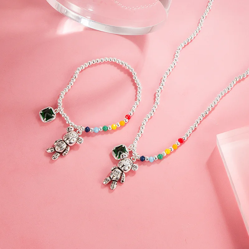 Rainbow Round Bead Teddy Bear Necklace 925 Sterling Silver Fashionable Sweater Chain Collarbone Chain Multifunctional Jewelry