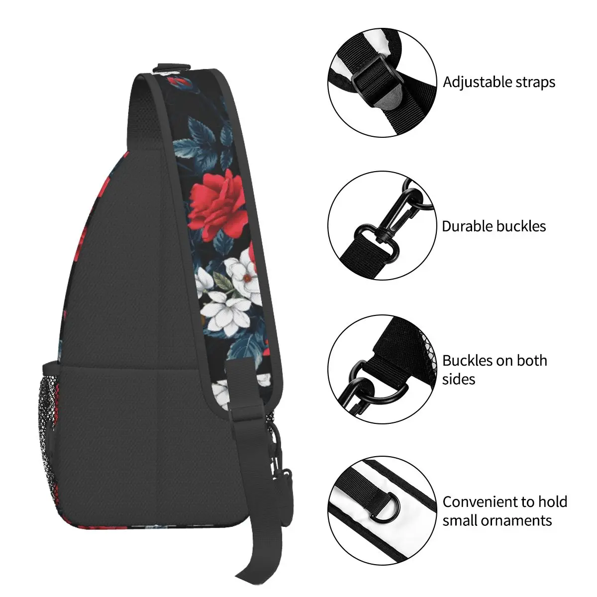 Mochila pequeña con estampado de flores y rosas rojas, bolso de hombro cruzado en el pecho, mochila de viaje para senderismo, bolsas de día con estampado Floral de corazón