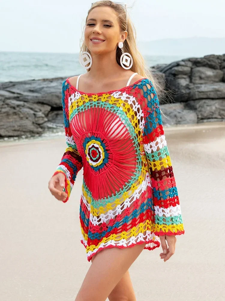 Nuevo vestido playero calado para mujer, Bikini Sexy con contraste de Color, ropa de playa para verano 2025, nueva moda, ropa de playa femenina