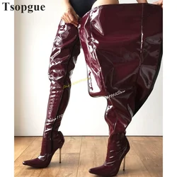 Thigh High Burgundy Metal Heel Sexy Boots Thin High Heel Women Shoes Side Zipper Pointed Toe 2024 Fashion Zapatos Para Mujere