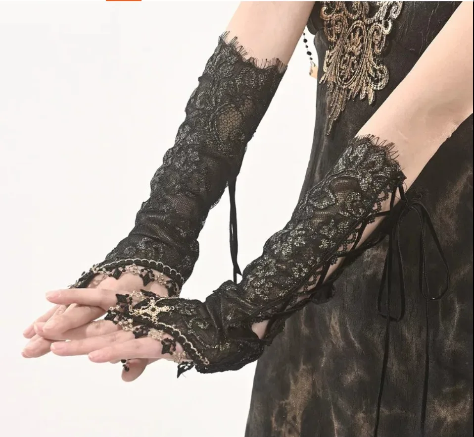 Europe Gothic two layers lace long arm sleeve cool girls lace-up bandage black Cross Embroidery Arm Warmers Gloves