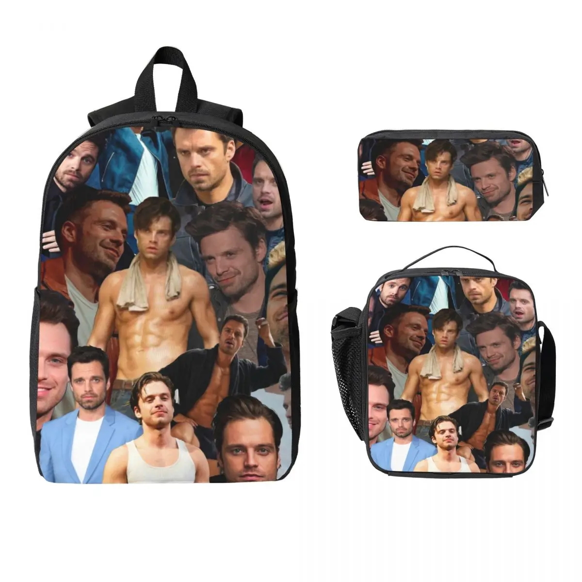 

Sebastian Stan Photo Collage Backpack Student BookBag School Bag Computer Shoulder Bags 3ps Insulated Lunch Bag Pencil Case