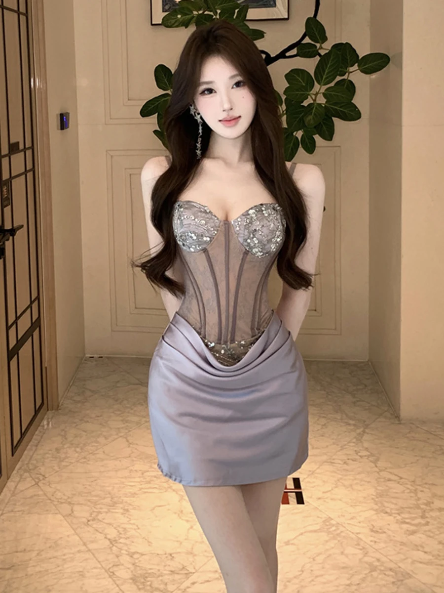 Elegante luxe paarse satijnen avondjurk vrouwen pure kant panelen multi-gelaagde bodycon zeemeermin rok party prom vestidos gewaad