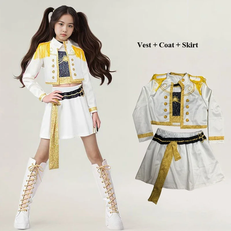 

New Anime Kpop Demon Hunter Girls Mira Cosplay Costume Kids Coat Vest and Skirt 3-piece Costume Set Halloween Party Dress Up