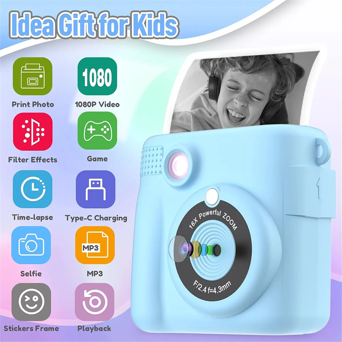 

Камера для мгновенной печати Baby-Kids, цифровая камера для селфи с видео 1080P, портативная дорожная камера, игрушка для мальчиков