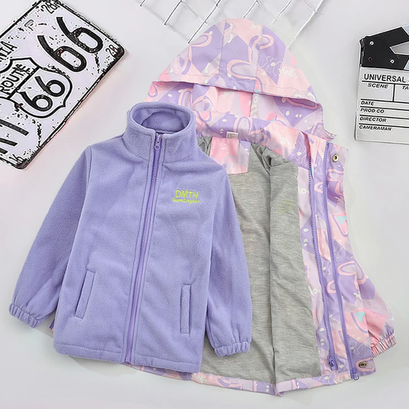 

3PCS Boys Girls Jacket Windbreaker Autumn Winter Warm Coat Hooded Sportswear Waterproof Kids Outerwear Lined Fleece Coat
