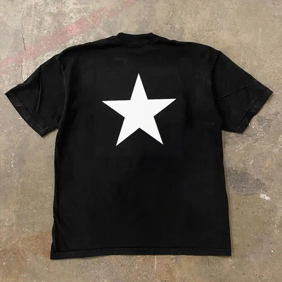 

Винтажная свободная и удобная хлопковая футболка с короткими рукавами и принтом пятиконечной звезды American High Street для мужчин и женщин