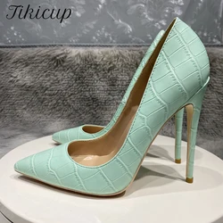 Tikicup Mint Light Green Crocodile Effect Women Sexy Pointy Toe High Heel Shoes for Party Comfortable Slip On Stiletto Pumps