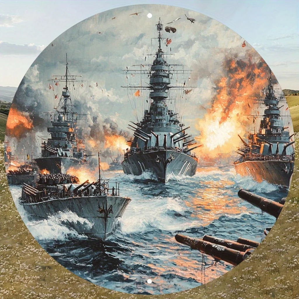 2D Flat - 1pc 2D Flat Printed Metal Sign Featuring Wall Art Decor of a Naval Battle with Battleships And Their Main Guns. This D
