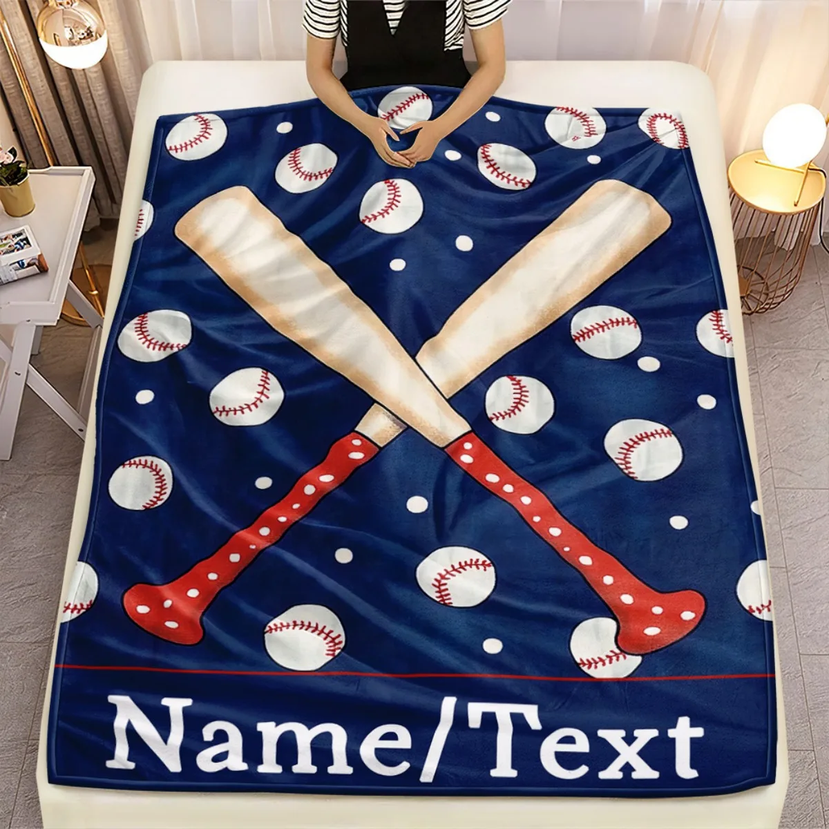 Custom Baseball Fleece Blanket Personalized Name Text Bat and Ball Print Throw Soft Warm All Season Bedding Gift for Sports Fans