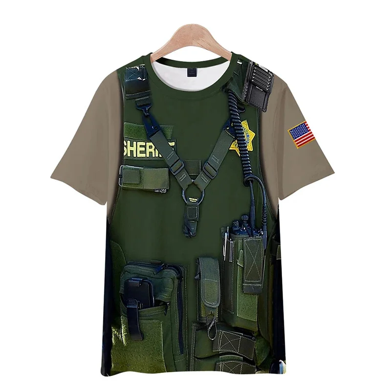 الزي العسكري شريف ثلاثية الأبعاد تي شيرت الصيف موضة الرجال النساء التي شيرت عادية كم قصير تي شيرت الملابس