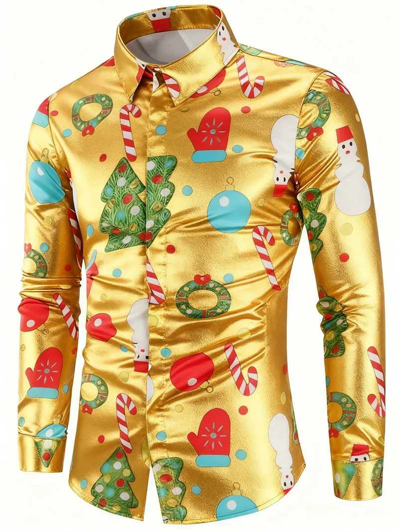 New classic shirt 3D Christmas print long sleeved high-end men's shirt fashionable daily street Christmas style shirt