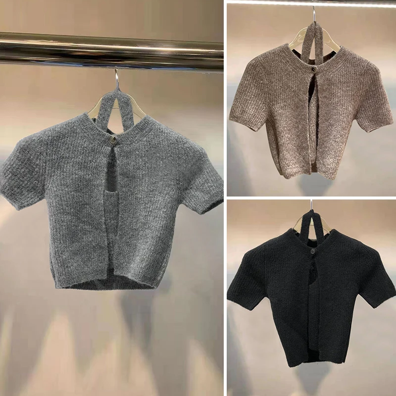 

Однотонный вязаный кардиган с коротким рукавом, шерстяной, с низким круглым вырезом, на пуговицах, имитация двухслойности, для повседневной носки, в корейском стиле
